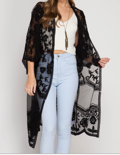 Kimono Sleeve Lace Open Front Cardigan 