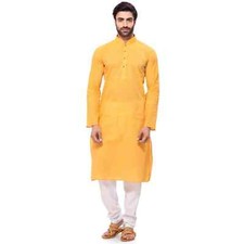 Men's Plain Yellow Kurta with White Chudidar Pjami Comfortable trending set