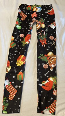 Womens Juniors Christmas Leggings Size XS 1 Seamless Ankle Pants Santa Hat Holly