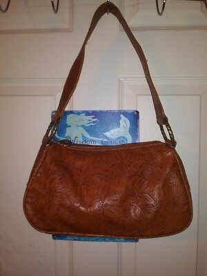 Nine West Brown Embossed Leather Floral Pattern Shoulder Bag, Purse