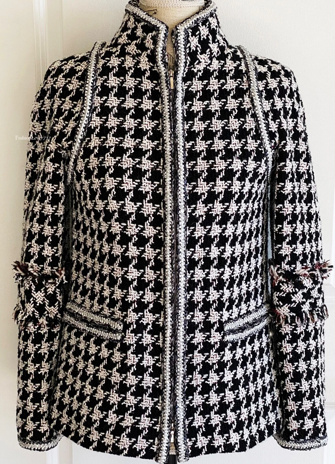 GIACCA CHANEL 17A RUNWAY NERA BIANCA HOUNDSTOOTH ARGENTO TRECCIA 38