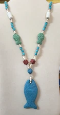 Reversible Multicolor Lava, White & Blue Howlite Beaded Fish Necklace 28 In