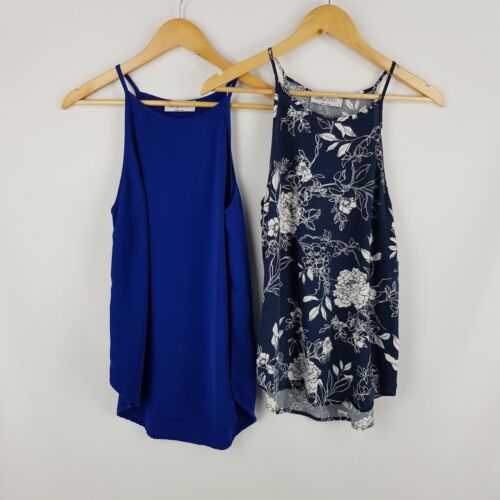 Ebby & I Women M 12 Blue Navy 2 x High Neck Flowy Long Lined Sleeveless Blouses - Picture 1 of 10
