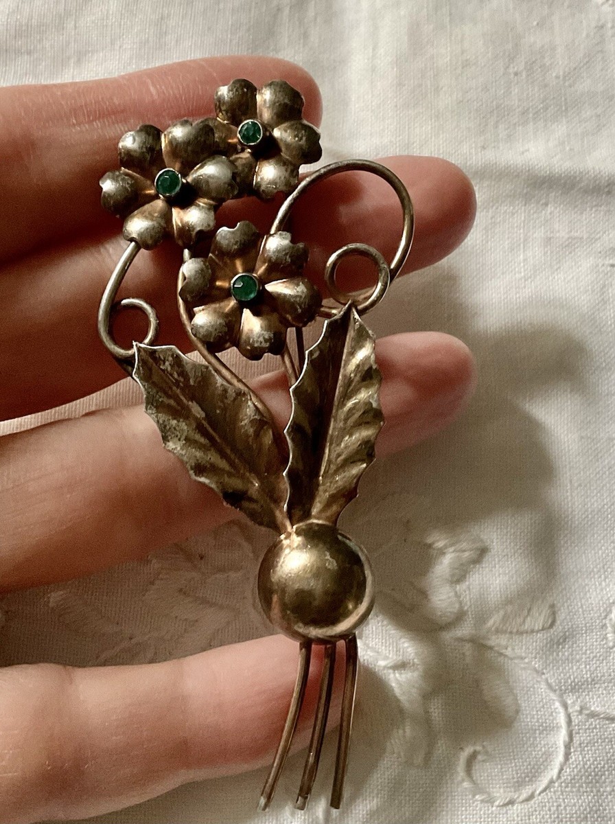 Grande Broche Art Déco Années 1930 En Vermeil Argent & Pierres De Rhin Bleues - Bijou Vintage Occasion