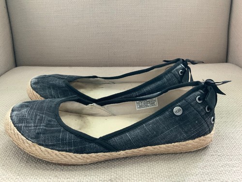 UGG Abigail schwarze Leinen Rücken Schnürung Espadrilles flache Schuhe US 7,5 - Bild 4 von 10