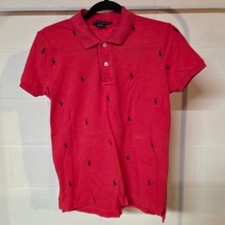 Boys Ralph Lauren Coral Red Slim Fit Polo Shirt All Over Pony Logo Size L Preppy