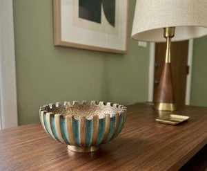 Maurice Ascalon Pal-Bell Bronze Bowl: Mid-Century Verdigris Ribbed Vide Poche