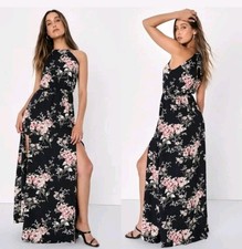 Lulus Feel The Music Midnight Blue Maxi Floral Cottagecore Sz L Romantic Whimsy 