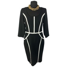 NINE WEST Dress Fitted Pencil Dress Black White Trim Long Sleeve US 6 UK 10