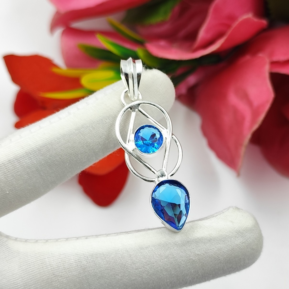 Swiss Blue Topaz Gemstone Handmade 925 Sterling Silver Jewelry Pendant Sz-2.25