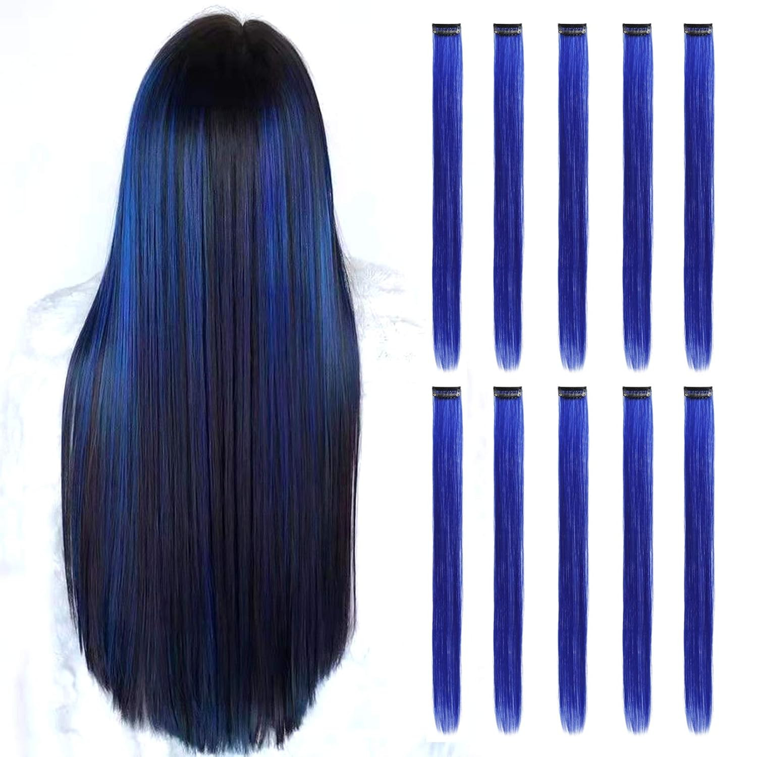 Blue Hair Extensions Clip In, 22 Inch 10 Pcs Long Straight C