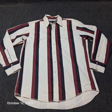 VTG Wrangler Brushpopper Western Pearl Snap Shirt Size 17 x 35 White Maroon Blue