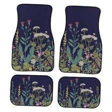 Vintage Wildflower Car Floor Mats Carpet Universal Retro Botanical Green Black