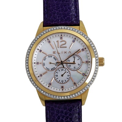 Elixa Watch Gold Crystal Bezel Mother of Pearl Dial Purple Leather Strap