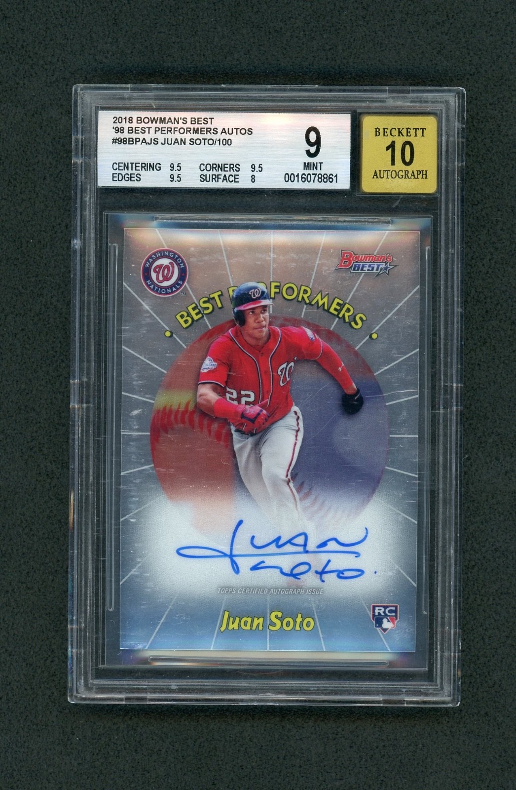 2018 Bowmans Best Juan Soto Best Performers Rookie Auto /100 #98BPA-JS BGS 9
