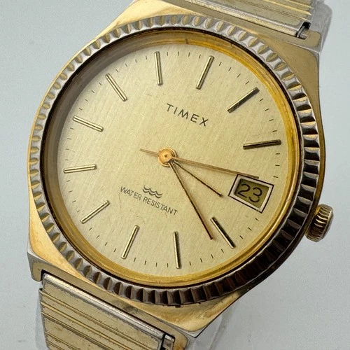 VTG Timex Marlin Hand-Winding Mechanical Watch Men Gold Tone Fluted Bezel Date