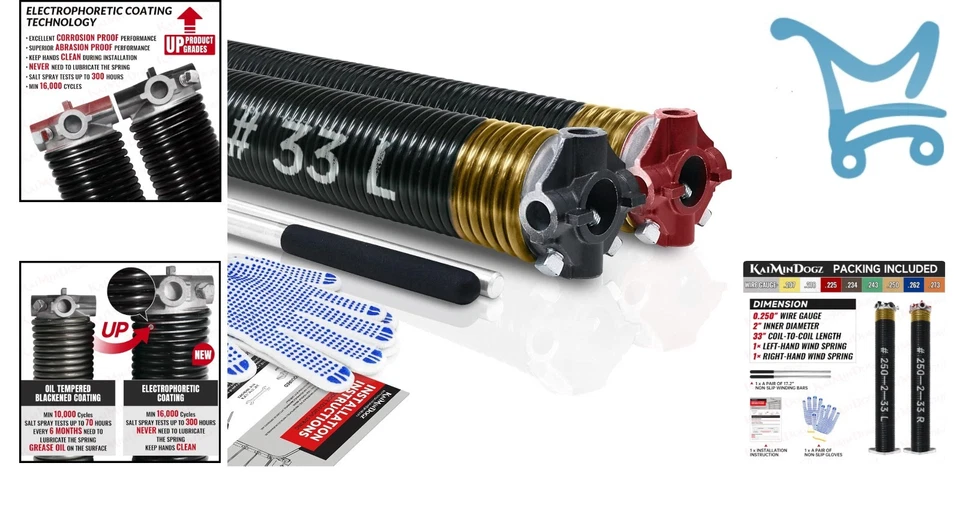 Juego de resortes de torsión para puertas de garaje de 2 pulgadas de acero recubierto de negro para reemplazo e instalación Foto 2 de 4