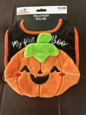 New On Hang Tag Orange Pumpkin "My First Boo" Halloween Baby Bib Velveteen Soft
