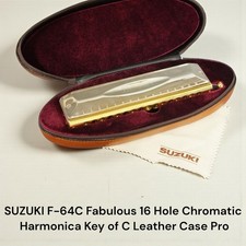 SUZUKI F-64C Fabulous 16 Hole Chromatic Harmonica Key of C Leather Case Pro