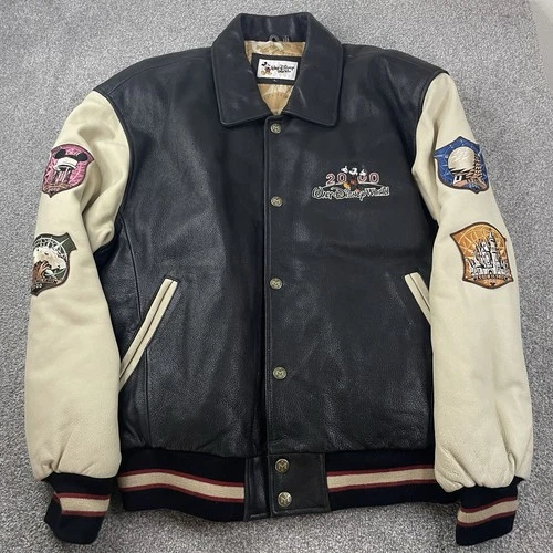 Vintage 2000 Walt Disney World Leather Varsity Bomber Jacket Member Patches Sz L image 3