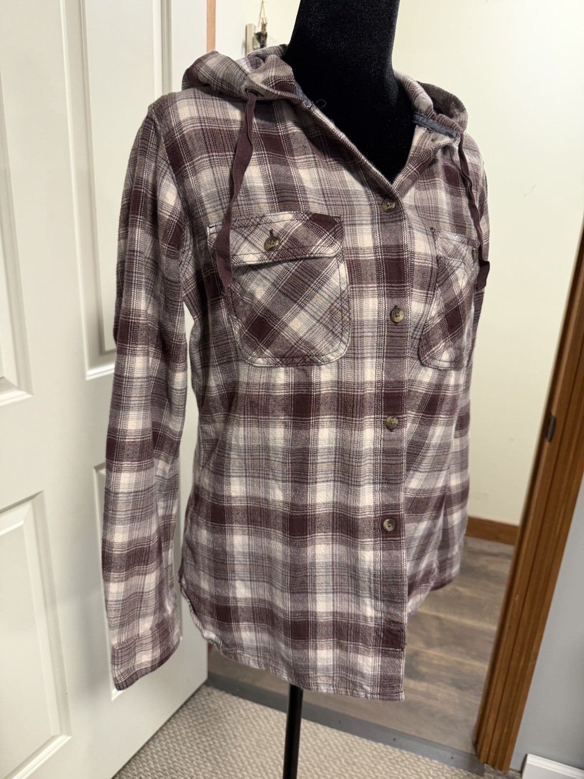 Carhartt Hooded Plaid Shacket Button Jacket Pockets burgundy Women's M 104517