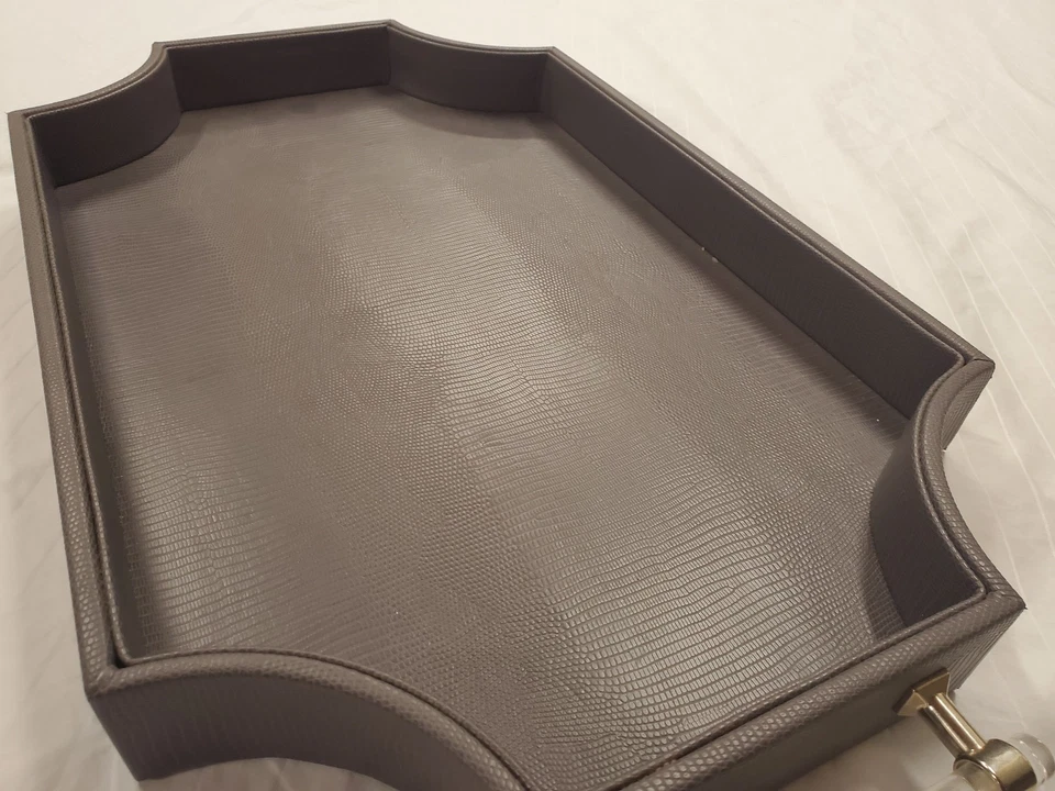 Regency Decorative Gray Rectangle Tray with Nickel Acrylic Handles Vegan Leather - Image 4 of 4