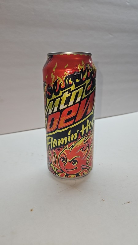 This is a 16oz limited edition Mountain Dew Flamin' Hot soda can.