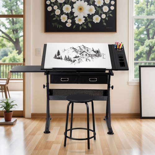Drafting Desk Drawing Table 9 Levels Adjustable angle w/ Stool Arts Crafts Black - Picture 10 of 22