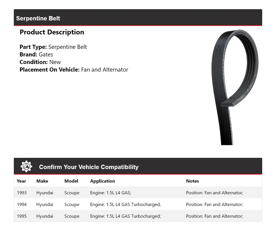 For 1993-1995 Hyundai Scoupe Serpentine Belt For Fan and Alternator Gates 1994 - Image 2 of 4