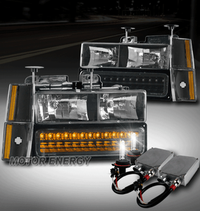 88-93 CHEVY//GMC C//K CRYSTAL HEADLIGHT LAMP CHROME W//LED BUMPER+CORNER+50W 6K HID