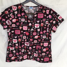 SB Scrubs Womens Valentine Pink Hearts Scrub Nurse Top Size M Black Pink