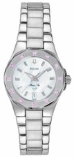 Bulova 96R25 Marine Star Silver Tone White MOP Dial Pink Sapphires Womens Watch