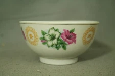 Oriental Chinese rice bowl pink white fuchsia flowers characters letters 4 1/2"