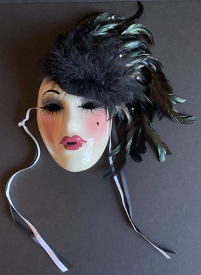 Unique Creations Face Mask Wall Art Signed Numbered LE Pearls Black Feathers '91