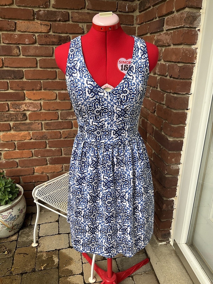 Milly White & Blue Print Fit Flare Sleeveless V Neck Dress Size 2 With  Pockets