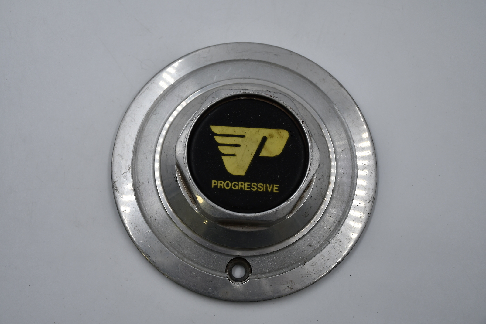 Progressive Custom Wheels Brushed Aluminum Metal w/ Black & Gold Logo Wheel Cent-image