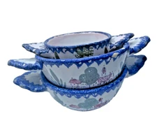 3 Bowls Vintage Hand Painted Pottery Glazed Manor House Trees Blue Trim Handles