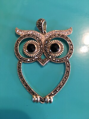 Lavish by TJM Sterling Silver Onyx & Crystal Owl Pendant  - Swarovski Marcasite