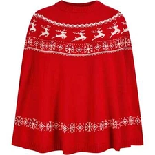 Christmas Evanora Reindeer Print Womens Poncho Cape Red Stylish Long Sleeve