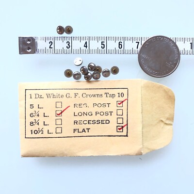 12 White GF Watch Crowns Tap 10 6 3/4 L Flat Regular Post Vintage Lot