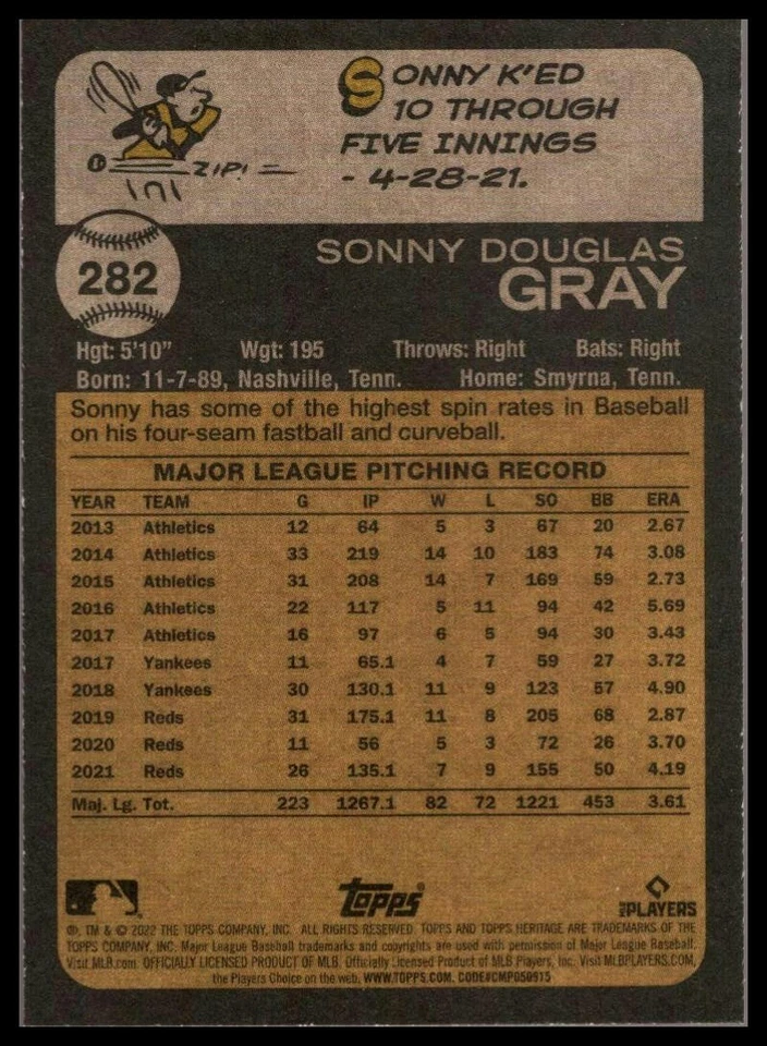 2022 TOPPS HERITAGE #282 SONNY GRAY CINCINNATI REDS - Image 2 of 2