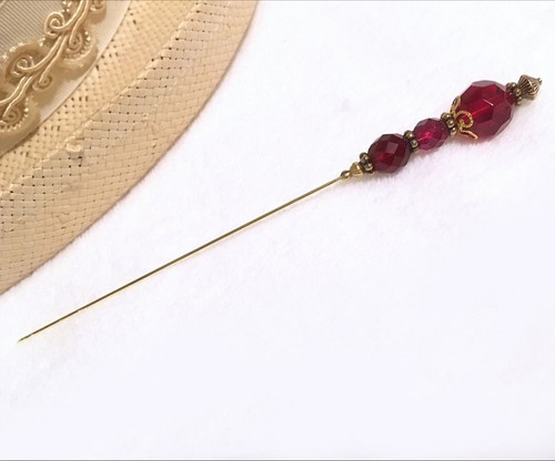 8 inch HATPIN with 3 RED Vintage Sparkling CRYSTALS in Old Brass Finish Setting - Picture 6 of 11