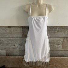 White Spaghetti Strap Bodycon Rhinestone Tassel Mini Club Party Dress size small