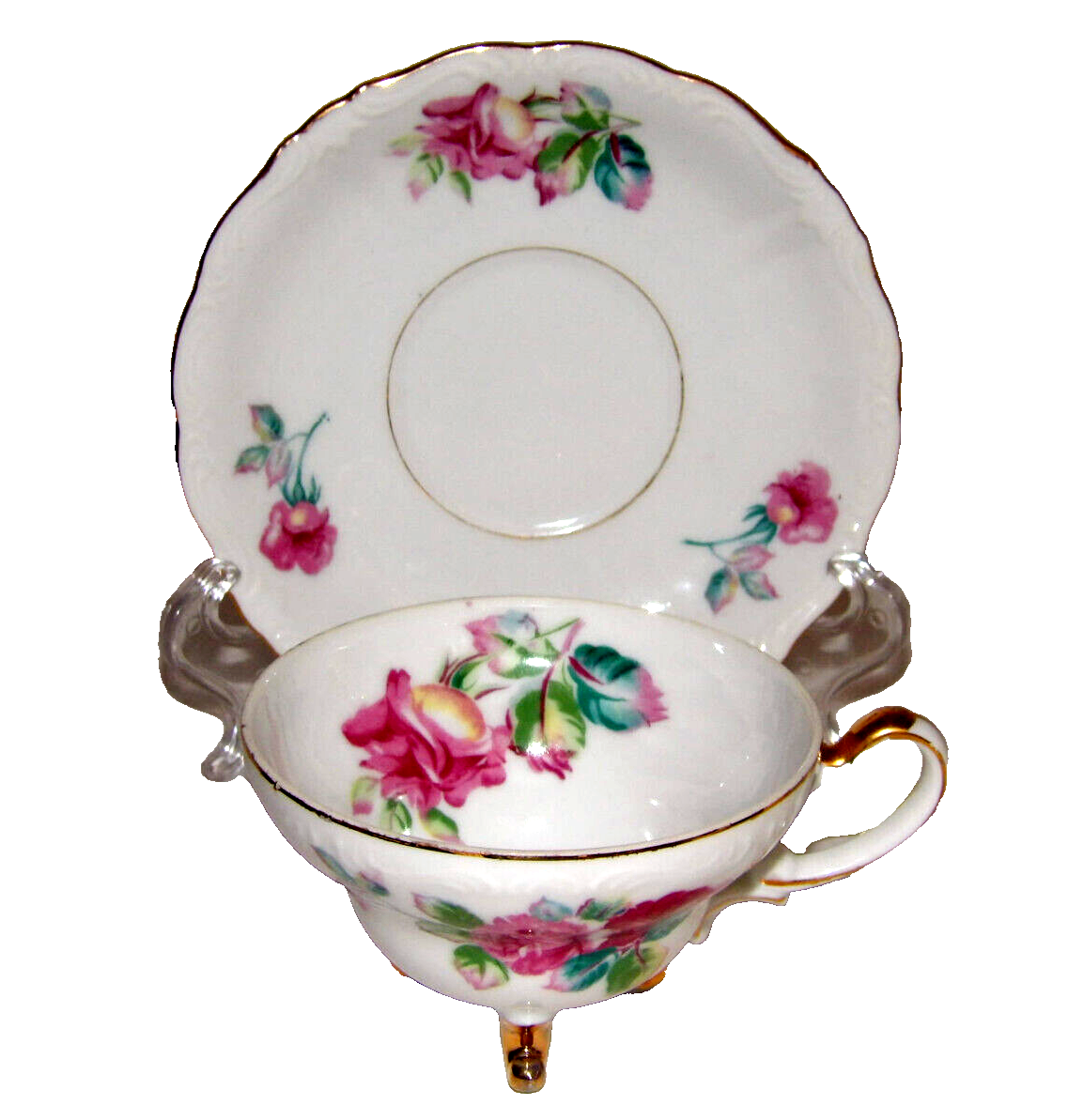 UCAGCO China 3 Leg Tea Cup and Saucer Set Pink Flower Roses Gold Trim