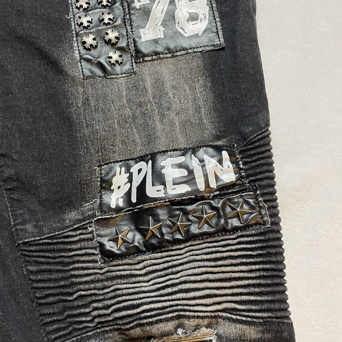 Distressed Jeans Mens 34 Punk Rock Patched Skinny Black