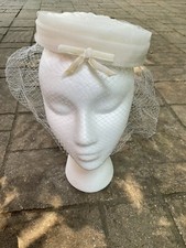 Vintage Ivory Round Hat UNION MADE Tule Netting Veil Velvet Bow