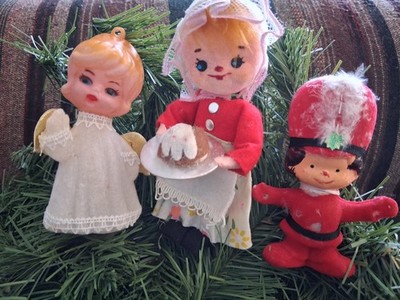 Flocked Felt Curtis Adler 1973 Christmas Ornament Woman Baking + 2 Flocked...