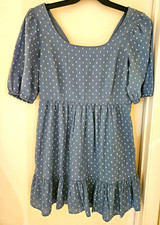 LOFT Blue White Polka Dot Puff Sleeve Square Neck Open Back Dress 10, NWT