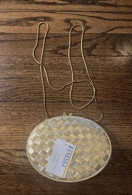 Vanessa Gold Sparkly Lamé Basket Weave Evening Purse Long Chain Strap VTG Tags