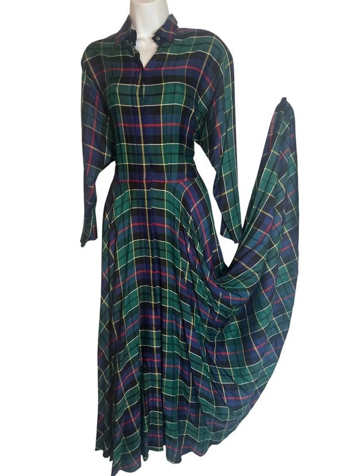 VTG 90s Plaid Heritage English Countryside Full Sweep Academia Maxi Shirtdress 6 - Image 3 of 4